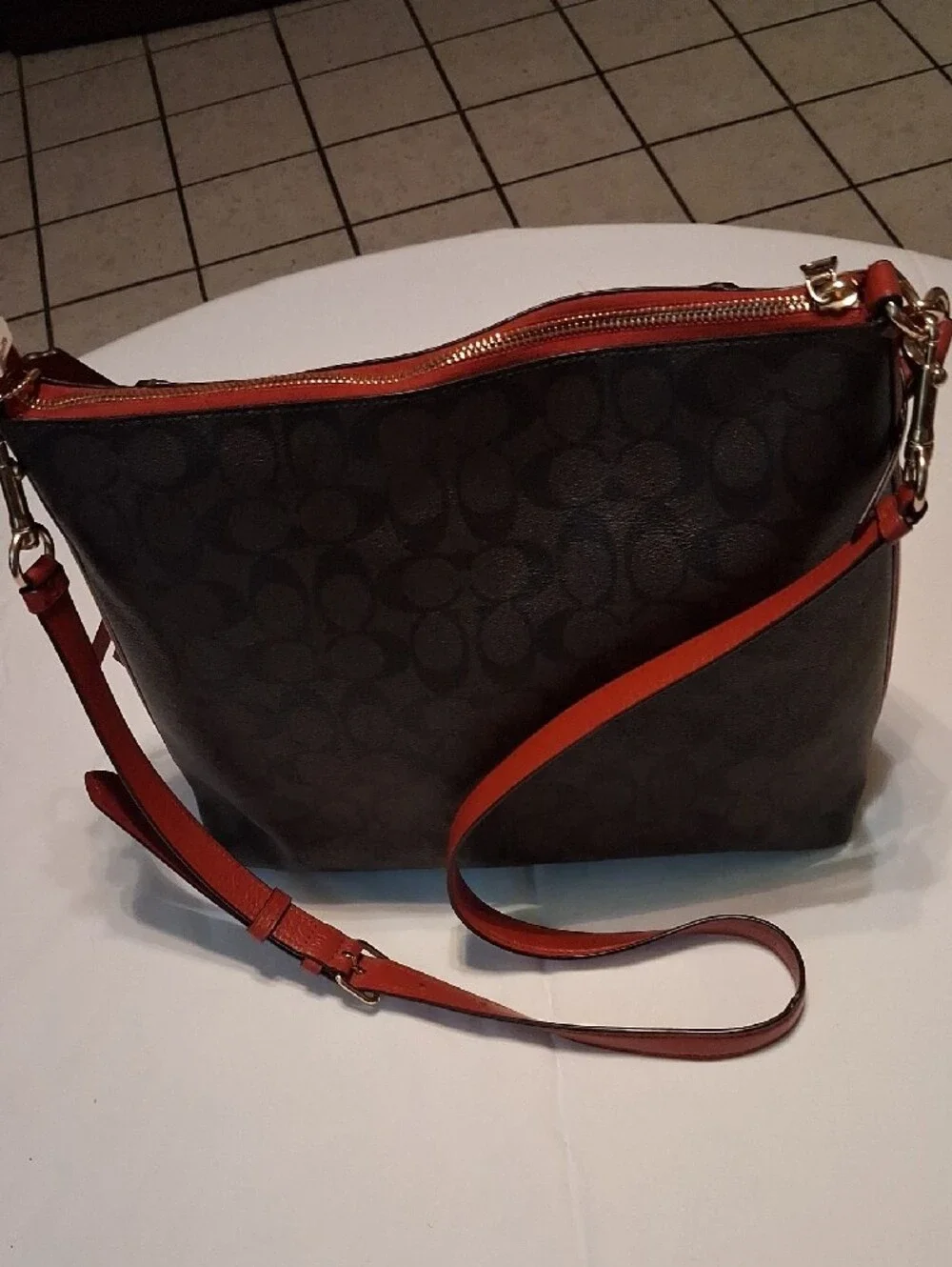 Coach Brown Signature Canvas Shoulder Bag with Red Leather Trim Gold tone logo